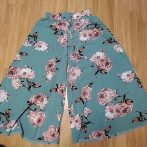 Floral Wide Leg Pants - Green and Pink